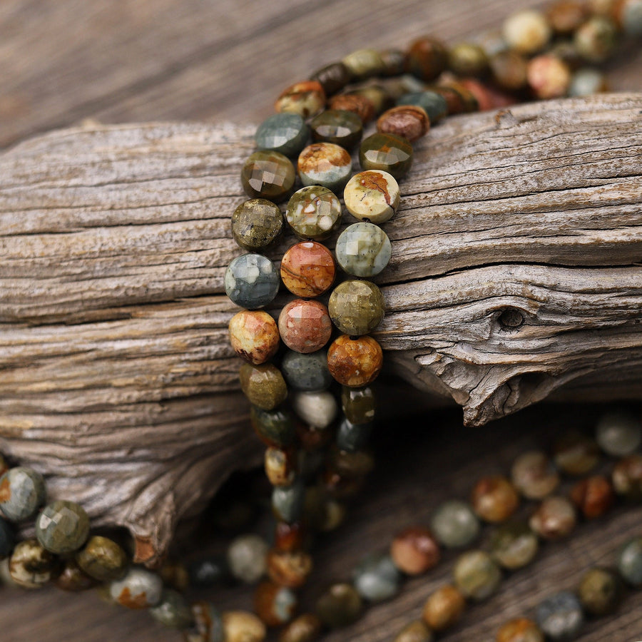 Faceted Natural Owyhee Picture Jasper Coin Beads 6mm 8mm 10mm 15.5" Strand