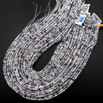 Natural Rainbow Moonstone Faceted 2mm 3mm 4mm Cube Dice Square Beads W/ Black Tourmaline Matrix 15.5" Strand