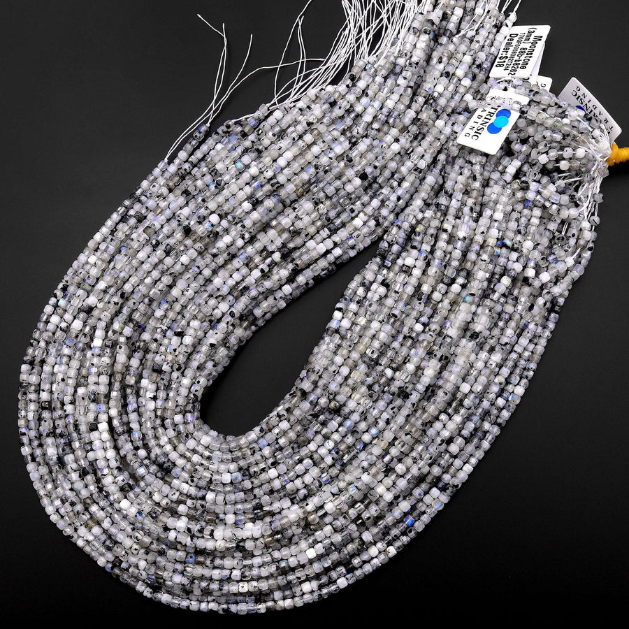 Natural Rainbow Moonstone Faceted 2mm 3mm 4mm Cube Dice Square Beads W/ Black Tourmaline Matrix 15.5" Strand