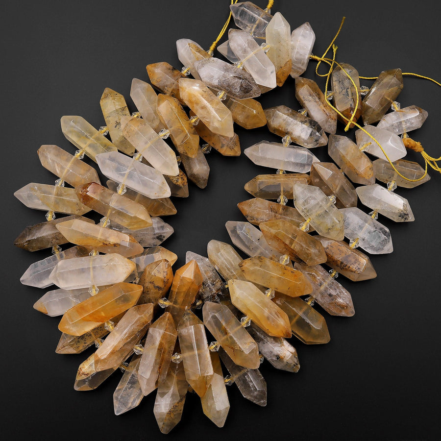 Natural Golden Dendritic Quartz Double Terminated Point Beads From Madagascar 15.5" Strand
