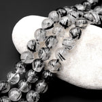 AAA Black Tourmaline Rutilated Rutile Quartz Round Beads 4mm 6mm 8mm 10mm High Quality Black White Quartz Semi Precious Gemstone 15.5" Strand