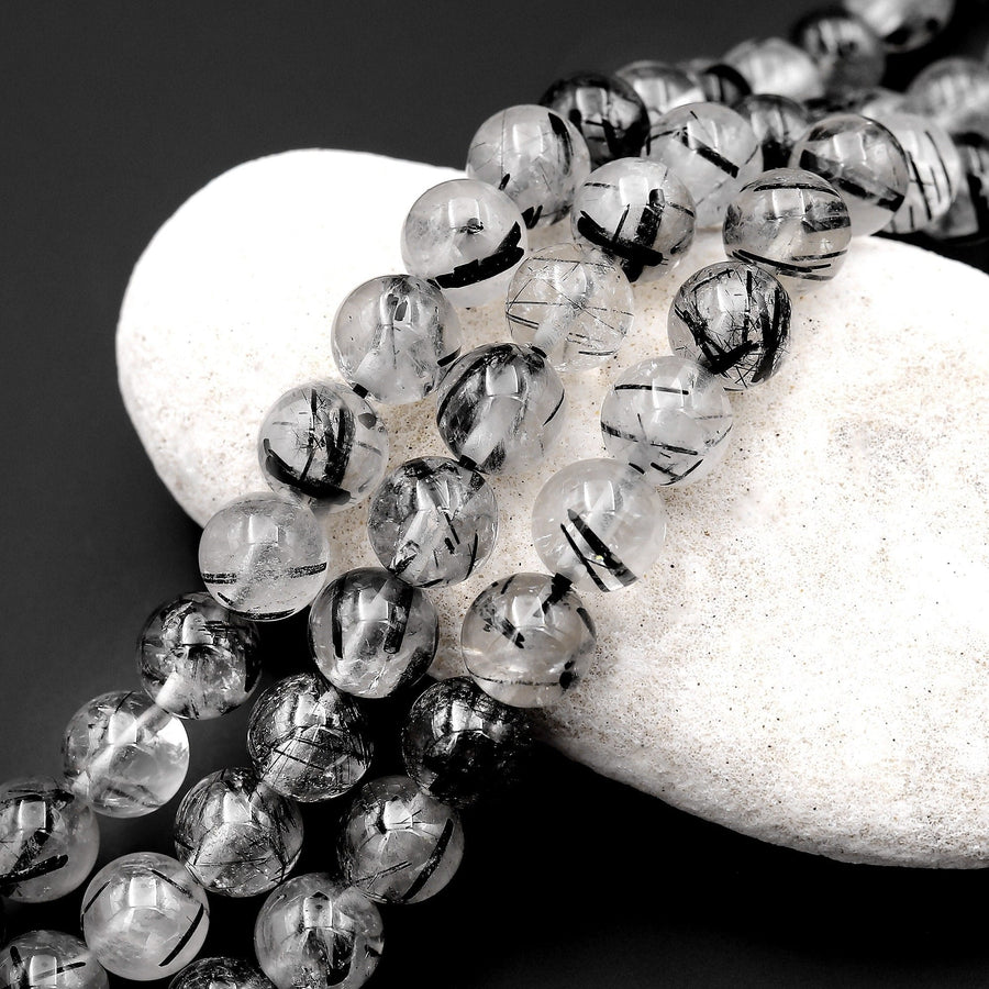 AAA Black Tourmaline Rutilated Rutile Quartz Round Beads 4mm 6mm 8mm 10mm High Quality Black White Quartz Semi Precious Gemstone 15.5" Strand
