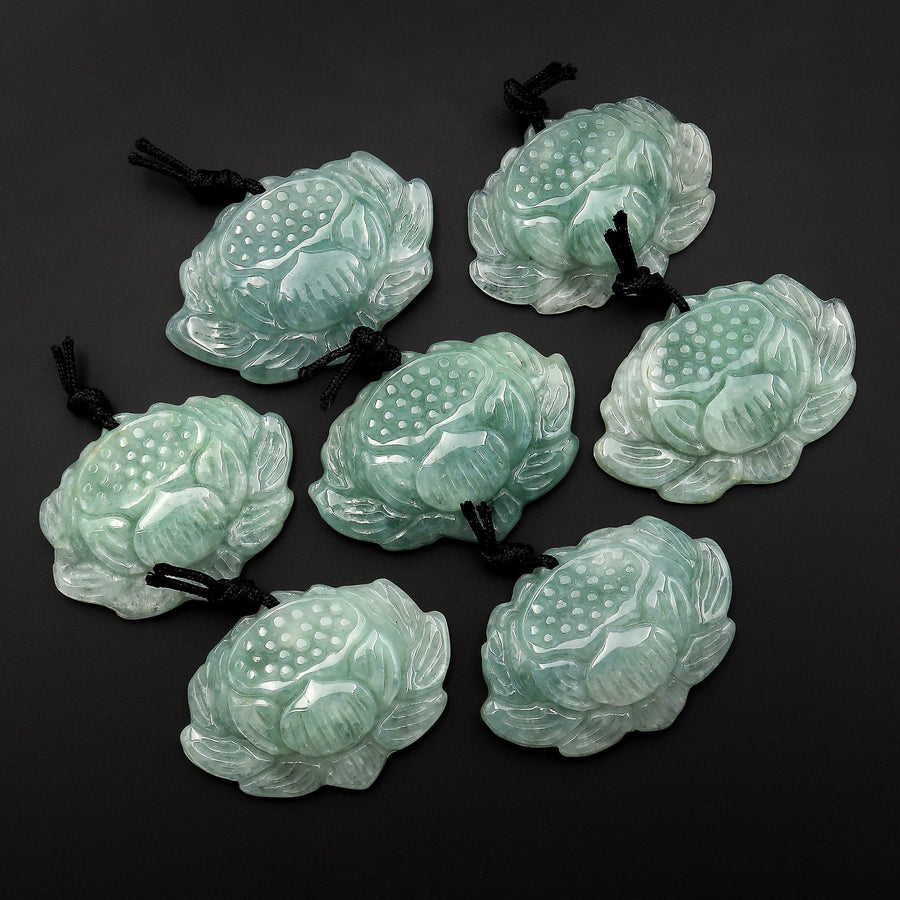 AAA Hand Carved Natural Burma Green Jade Lotus Flower Pendant Gemstone Focal Bead