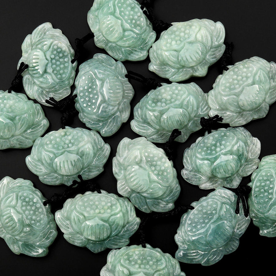 AAA Hand Carved Natural Burma Green Jade Lotus Flower Pendant Gemstone Focal Bead