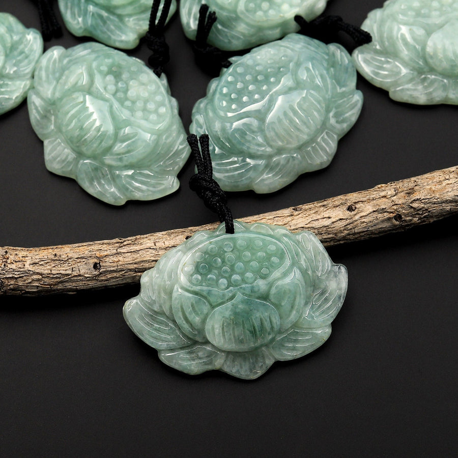 AAA Hand Carved Natural Burma Green Jade Lotus Flower Pendant Gemstone Focal Bead