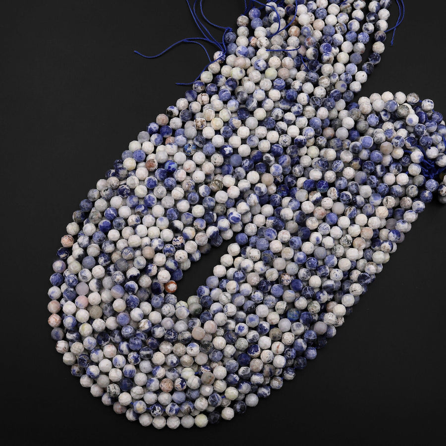 Faceted Natural White Blue Sodalite 5mm 6mm Round Beads Micro Cut Gemstone 15.5" Strand