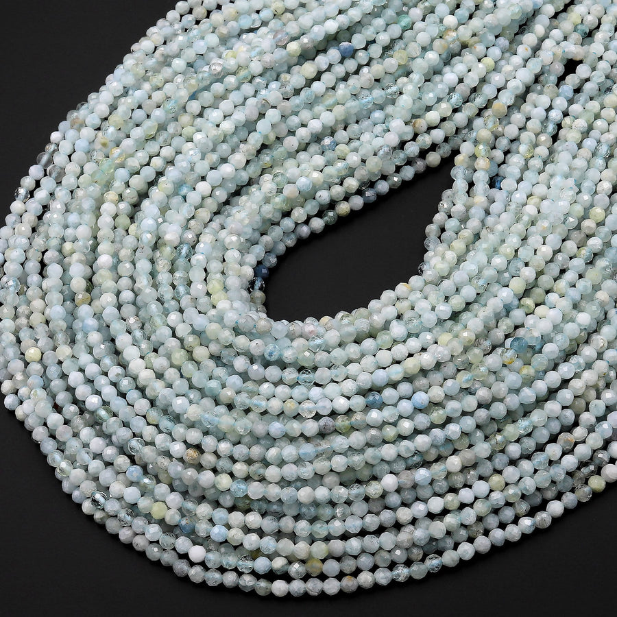 Faceted Natural Blue Green Aquamarine 2mm 3mm 4mm Round Beads Micro Laser Diamond Cut Gemstone 15.5" Strand