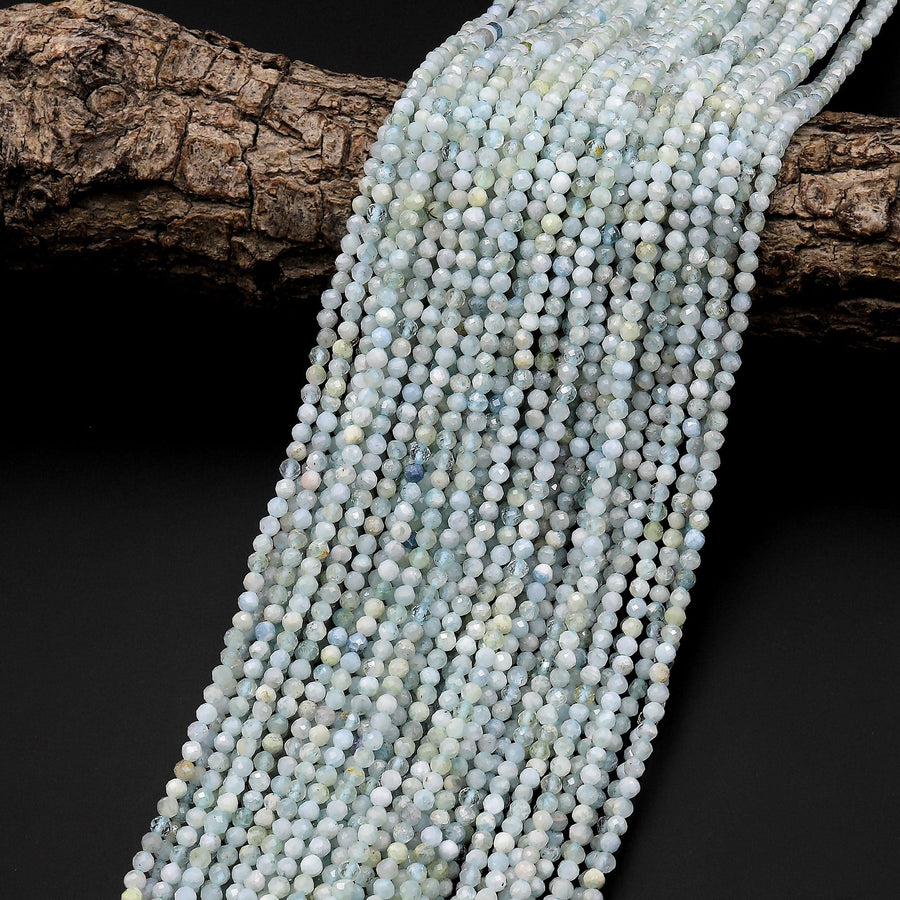 Faceted Natural Blue Green Aquamarine 2mm 3mm 4mm Round Beads Micro Laser Diamond Cut Gemstone 15.5" Strand