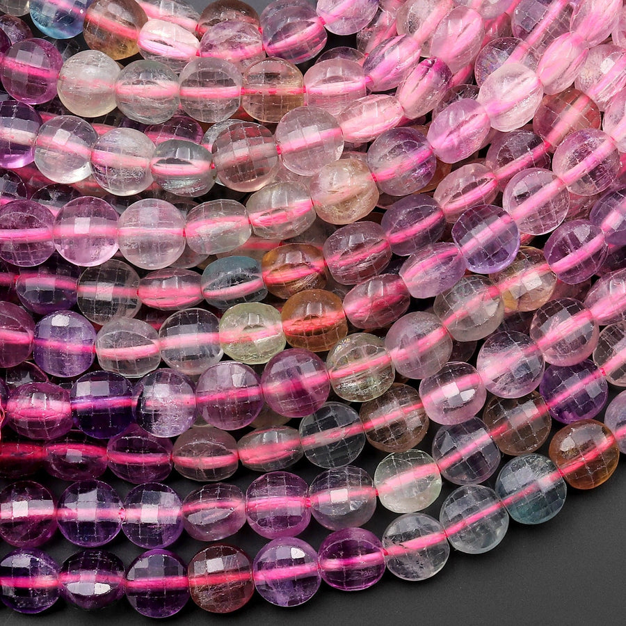 Faceted Natural Fluorite 6mm Coin Beads 15.5" Strand