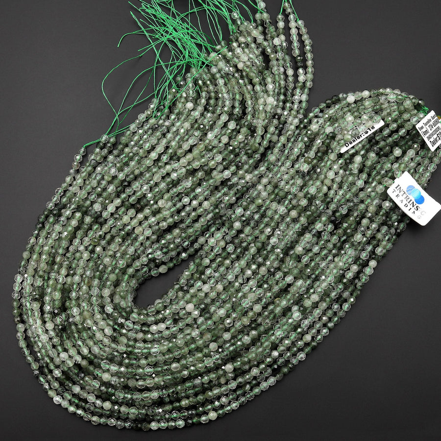 AAA Faceted Natural Green Tourmaline Rutile Quartz 3mm 4mm Round Beads 15.5" Strand
