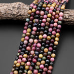 AAA Natural Multicolor Pink Green Cognac Tourmaline Round Beads 6mm 8mm 10mm Gemstone 15.5" Strand