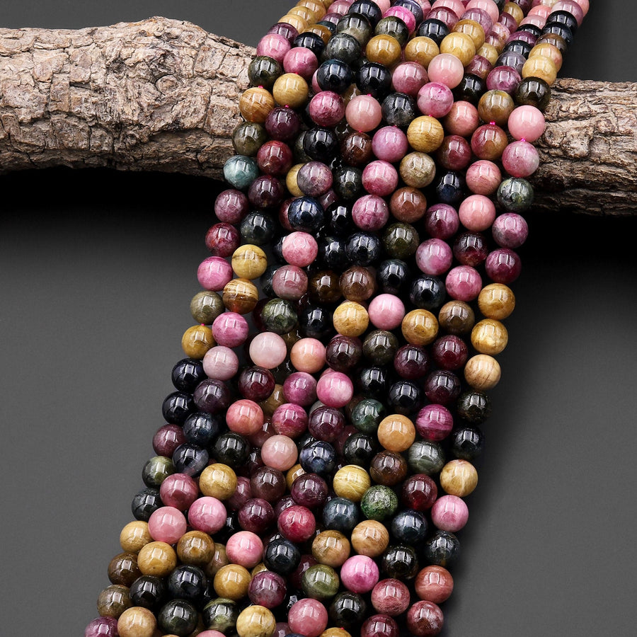 AAA Natural Multicolor Pink Green Cognac Tourmaline Round Beads 6mm 8mm 10mm Gemstone 15.5" Strand
