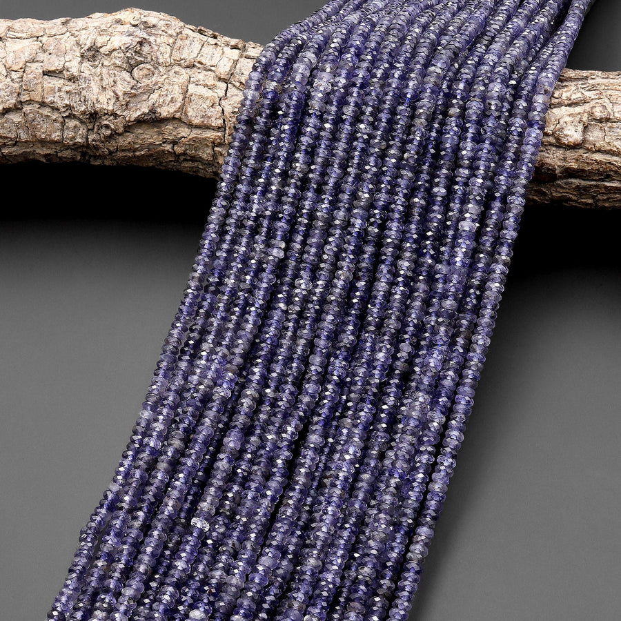 AAA Natural Blue Iolite Faceted 3mm 4mm 5mm Thin Rondelle Beads Genuine Real Gemstone 15.5" Strand