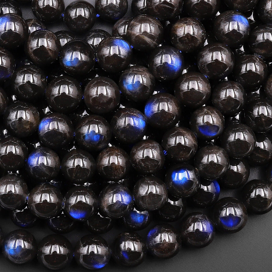 AAA Rare Natural Black Labradorite Smooth Round Beads 4mm 6mm 8mm 10mm Blue Flashes 15.5" Strand
