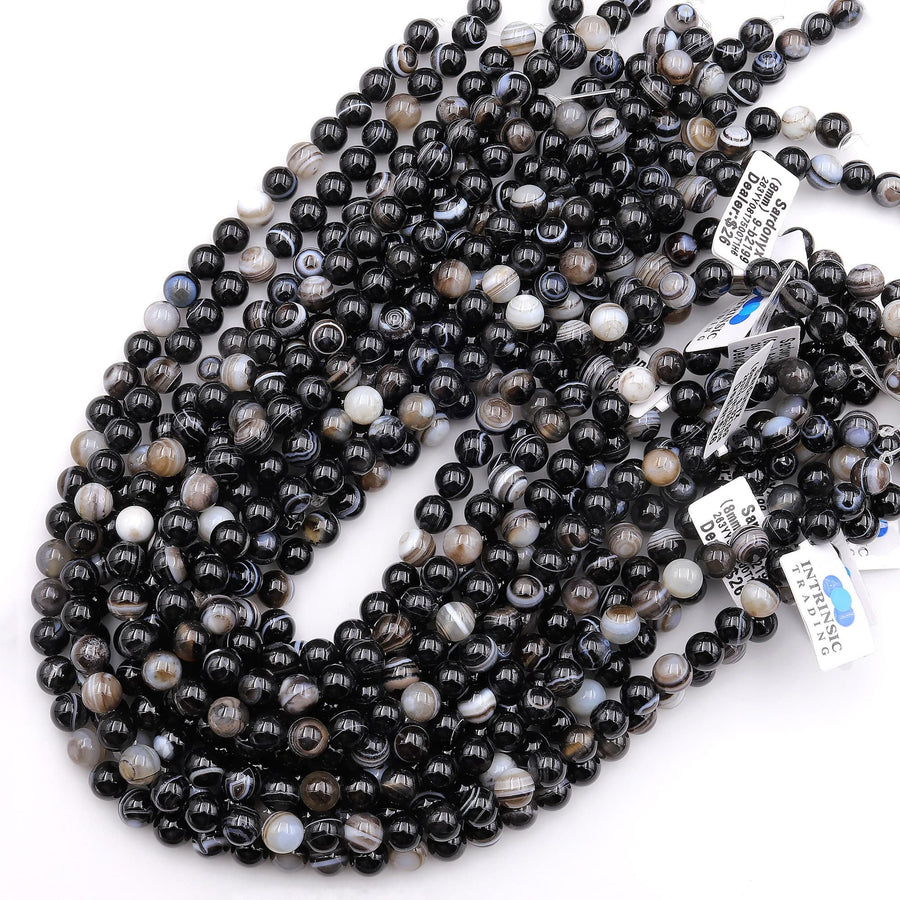 Natural Black Sardonyx Agate 4mm 6mm 8mm 10mm Round Beads Sulemani Hakik Antique Boho Mala 15.5" Strand