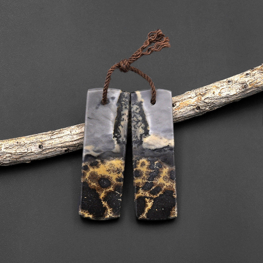 Natural Wild Horse Picture Jasper Flat Rectangle Earring Pair Cabochon Cab Drilled Matched Gemstone Bead Pair A1