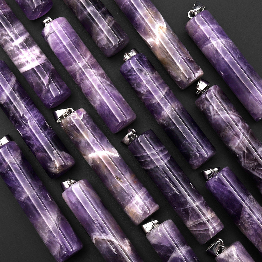Natural Chevron Amethyst Long Cylinder Pendant Natural Crystal Focal Bead