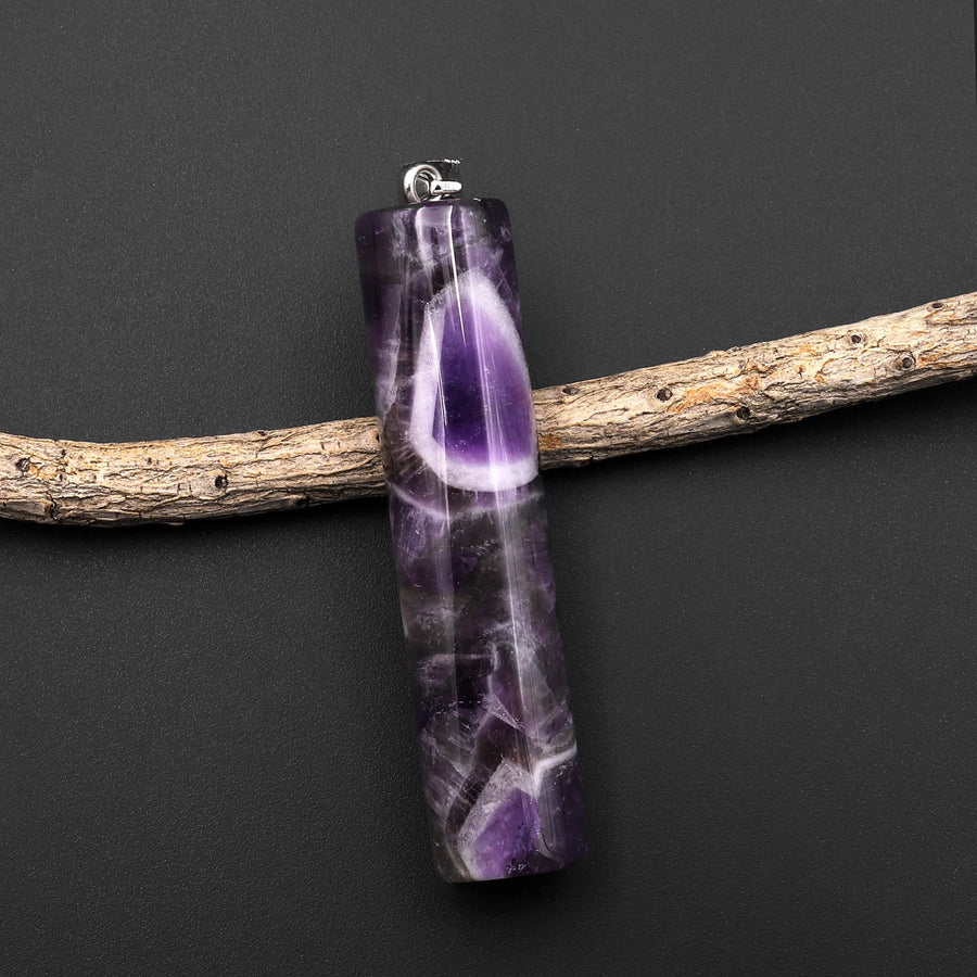 Natural Chevron Amethyst Long Cylinder Pendant Natural Crystal Focal Bead