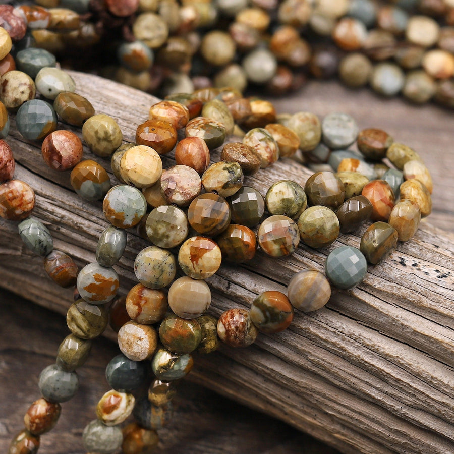 Faceted Natural Owyhee Picture Jasper Coin Beads 6mm 8mm 10mm 15.5" Strand