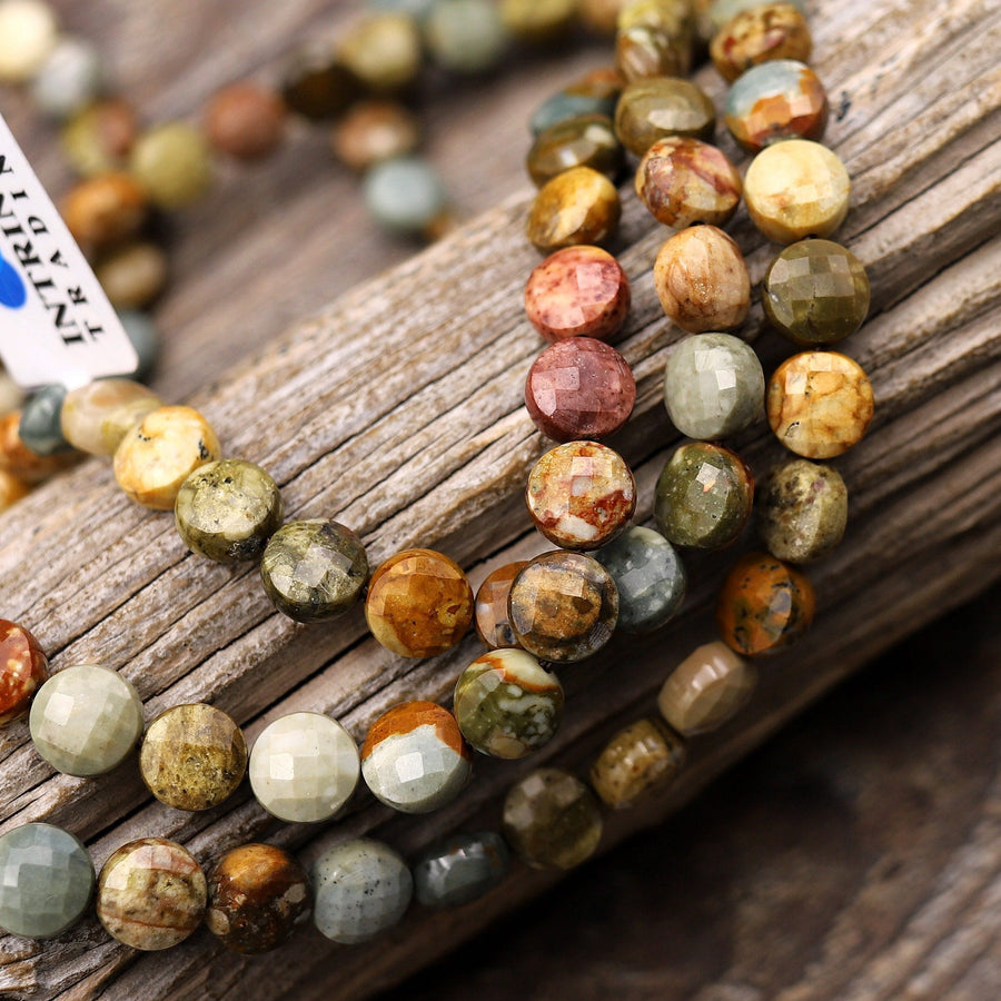 Faceted Natural Owyhee Picture Jasper Coin Beads 6mm 8mm 10mm 15.5" Strand