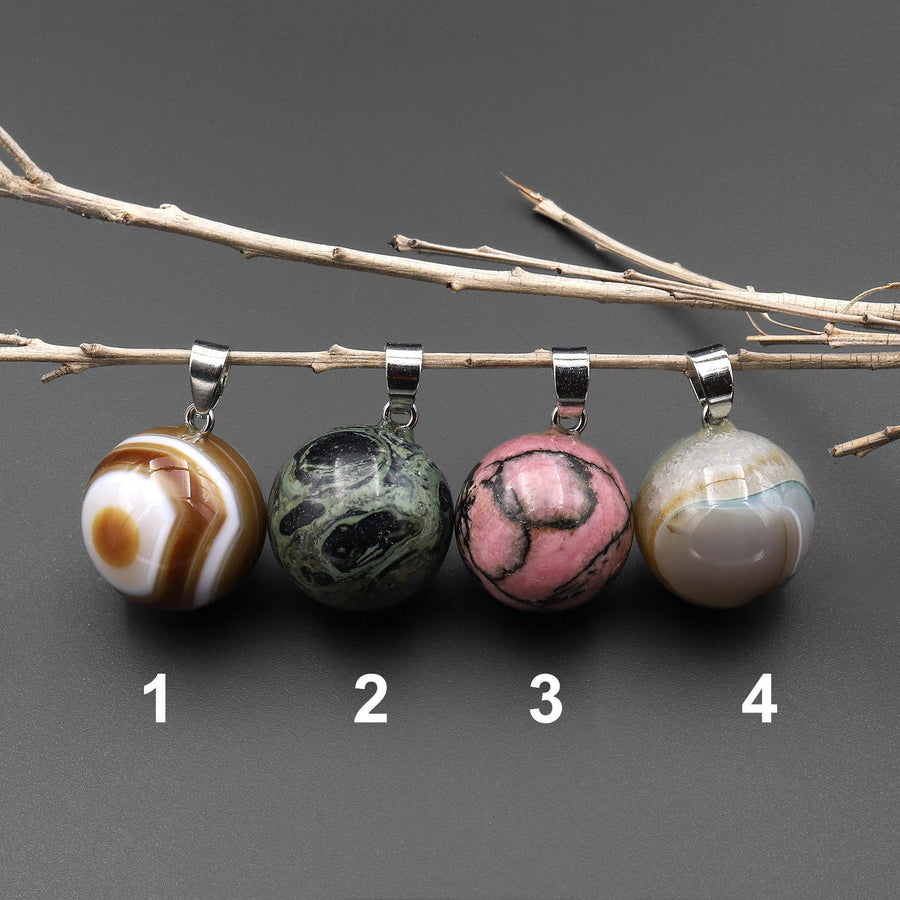 Natural Gemstone 20mm Round Ball Sphere Pendant Choose from Rose Quartz Rock Quartz Rhodonite Golden Obsidian Sodalite Tuxedo Agate Rhyolite