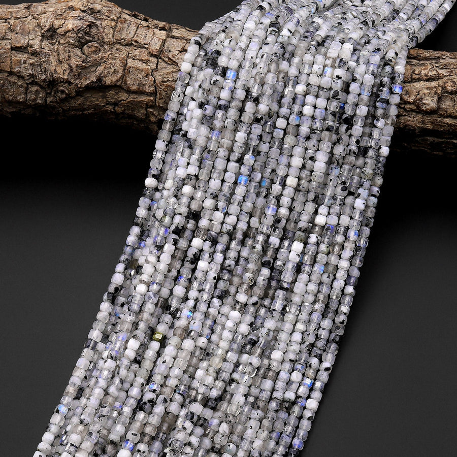 Natural Rainbow Moonstone Faceted 2mm 3mm 4mm Cube Dice Square Beads W/ Black Tourmaline Matrix 15.5" Strand