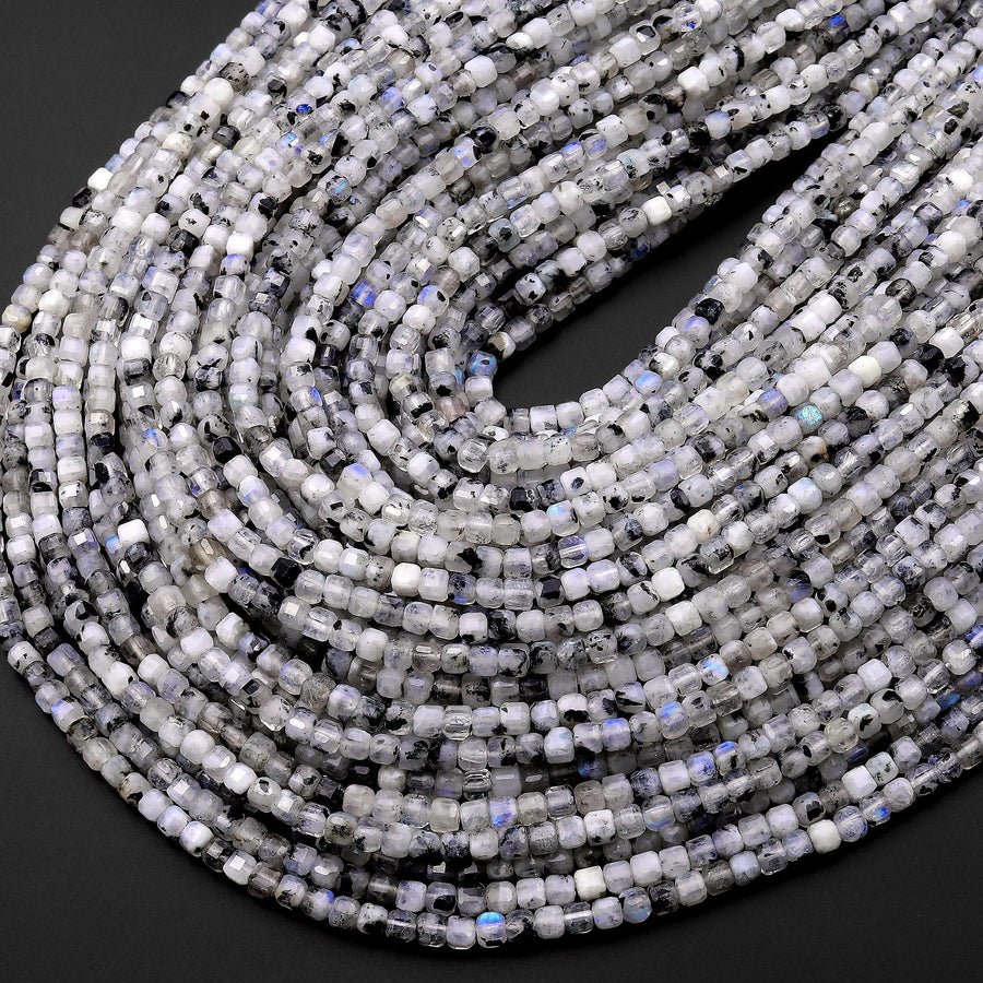 Natural Rainbow Moonstone Faceted 2mm 3mm 4mm Cube Dice Square Beads W/ Black Tourmaline Matrix 15.5" Strand
