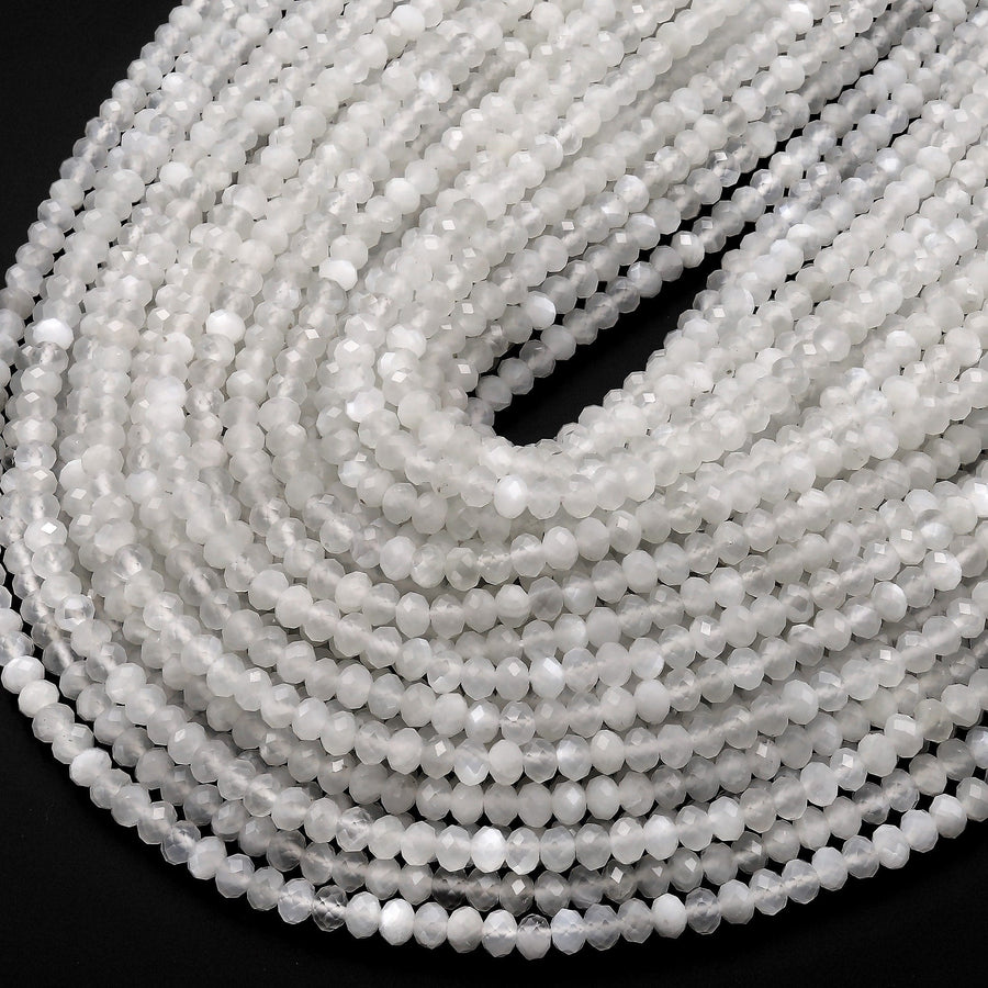 AAA Iridescent Natural Silvery White Moonstone Faceted Rondelle Beads 3mm 4mm Gemstone 15.5" Strand