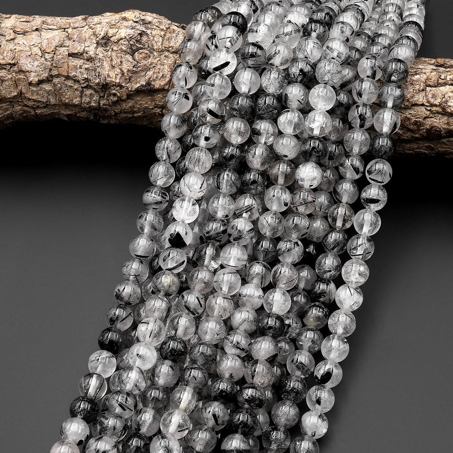 AAA Black Tourmaline Rutilated Rutile Quartz Round Beads 4mm 6mm 8mm 10mm High Quality Black White Quartz Semi Precious Gemstone 15.5" Strand