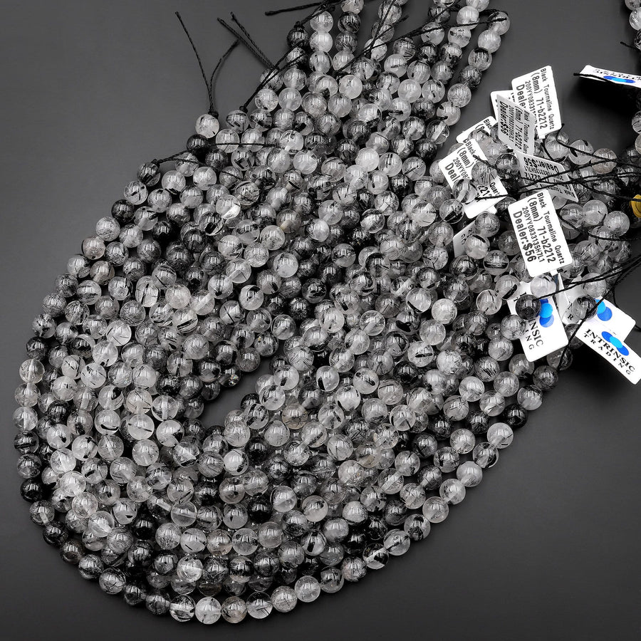 AAA Black Tourmaline Rutilated Rutile Quartz Round Beads 4mm 6mm 8mm 10mm High Quality Black White Quartz Semi Precious Gemstone 15.5" Strand