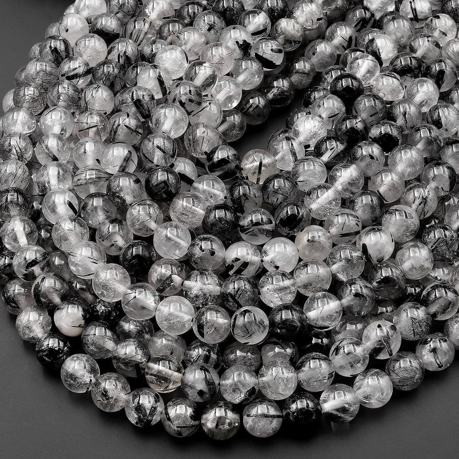AAA Black Tourmaline Rutilated Rutile Quartz Round Beads 4mm 6mm 8mm 10mm High Quality Black White Quartz Semi Precious Gemstone 15.5" Strand