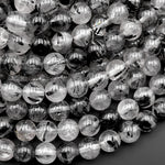 AAA Black Tourmaline Rutilated Rutile Quartz Round Beads 4mm 6mm 8mm 10mm High Quality Black White Quartz Semi Precious Gemstone 15.5" Strand