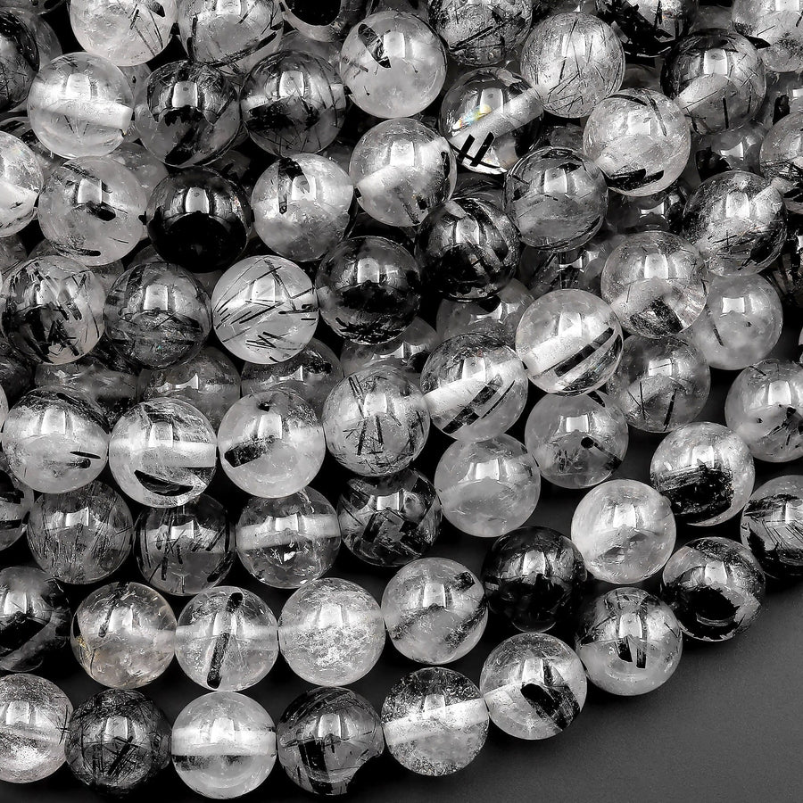 AAA Black Tourmaline Rutilated Rutile Quartz Round Beads 4mm 6mm 8mm 10mm High Quality Black White Quartz Semi Precious Gemstone 15.5" Strand