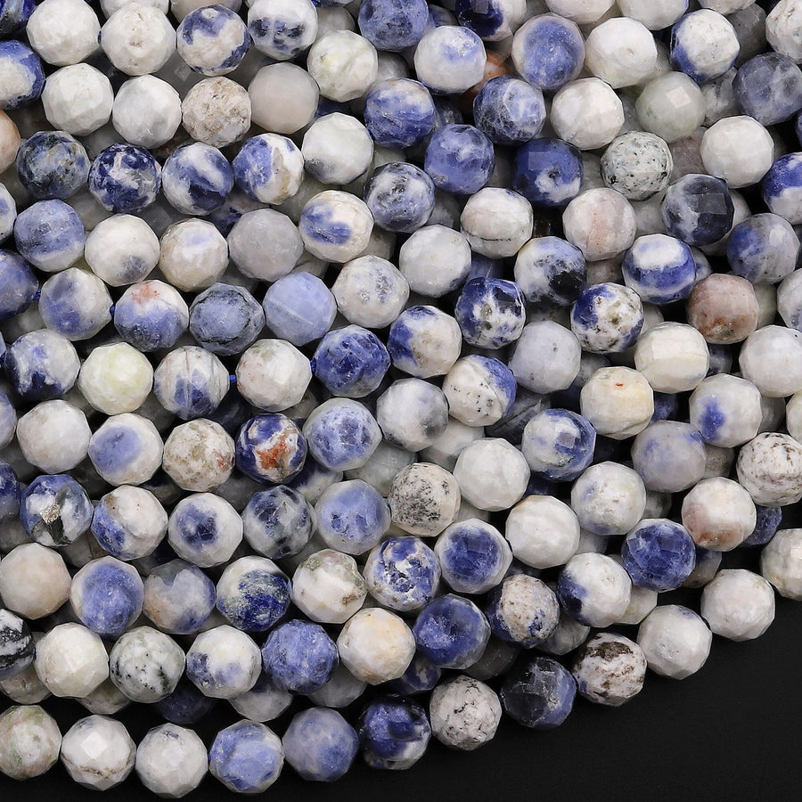 Faceted Natural White Blue Sodalite 5mm 6mm Round Beads Micro Cut Gemstone 15.5" Strand