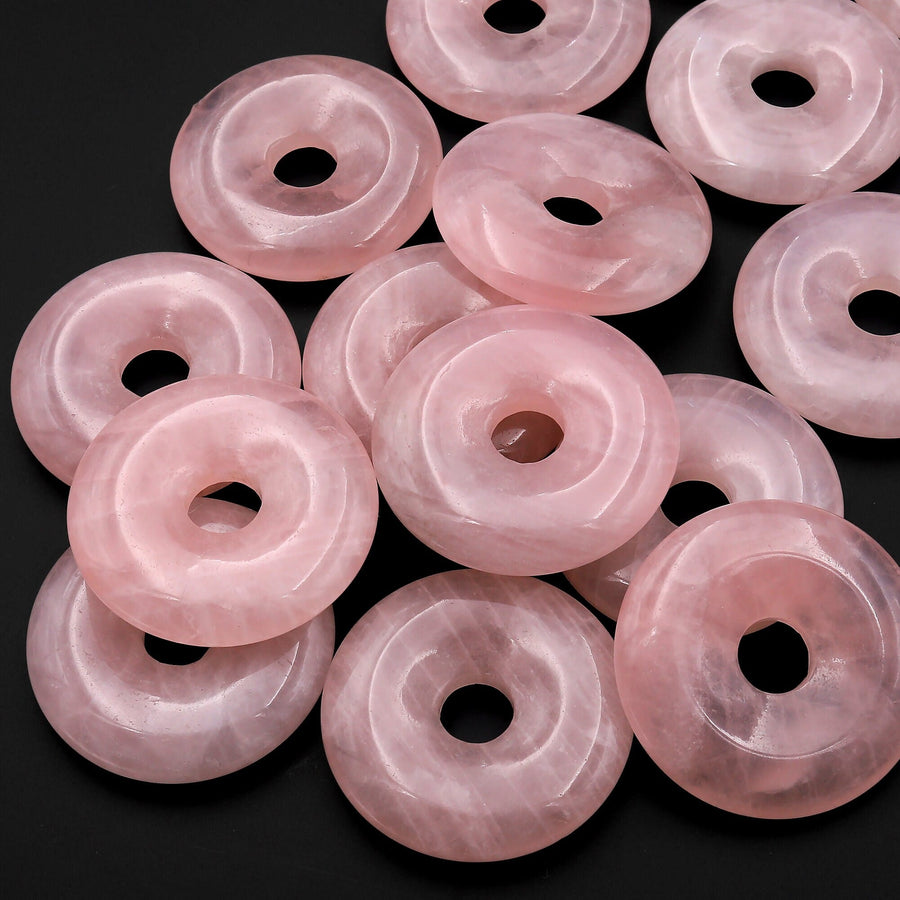 AAA Natural Pink Rose Quartz Donut Pendant  Focal Bead 30mm