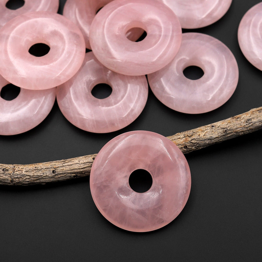 AAA Natural Pink Rose Quartz Donut Pendant  Focal Bead 30mm