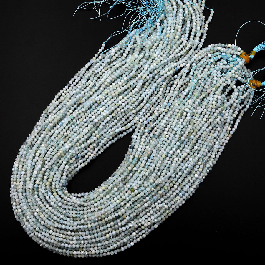 Faceted Natural Blue Green Aquamarine 2mm 3mm 4mm Round Beads Micro Laser Diamond Cut Gemstone 15.5" Strand