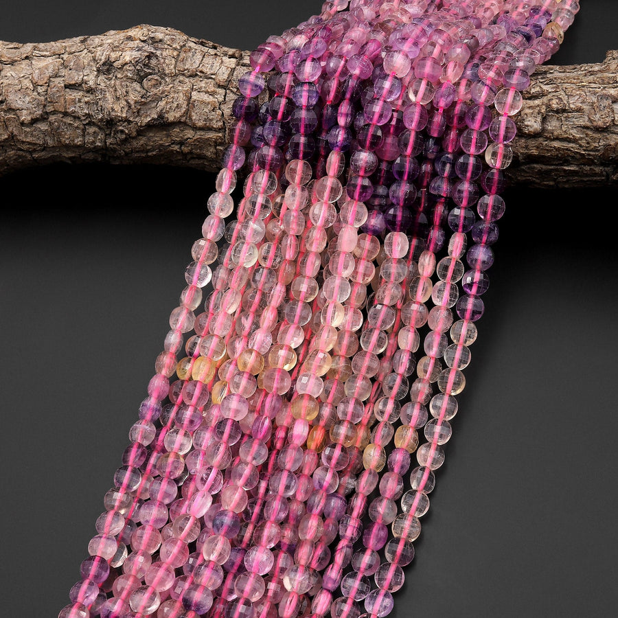 Faceted Natural Fluorite 6mm Coin Beads 15.5" Strand