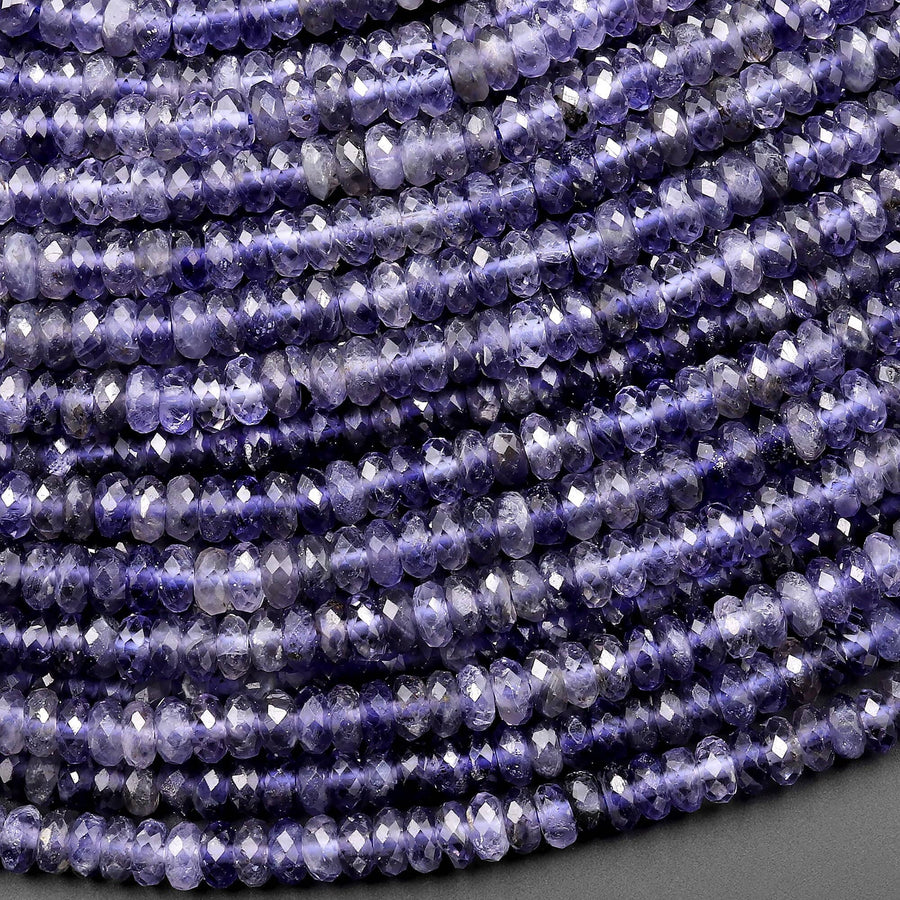 AAA Natural Blue Iolite Faceted 3mm 4mm 5mm Thin Rondelle Beads Genuine Real Gemstone 15.5" Strand
