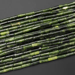 Natural Russian Green Serpentine Jade Thin Long Tube Beads 15.5" Strand