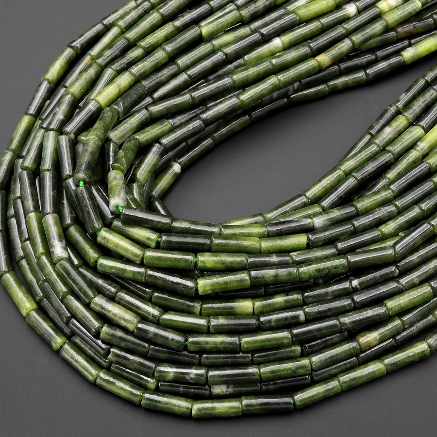 Natural Russian Green Serpentine Jade Thin Long Tube Beads 15.5" Strand