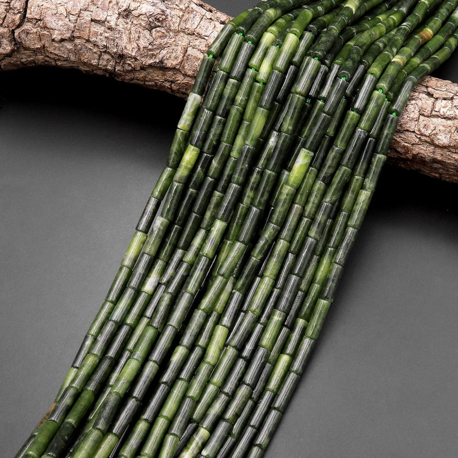 Natural Russian Green Serpentine Jade Thin Long Tube Beads 15.5" Strand