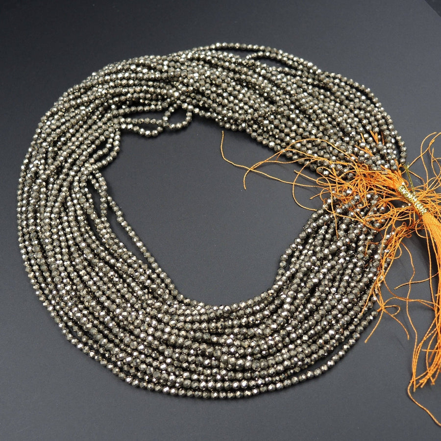 Micro Faceted Tiny Small Natural Iron Pyrite Faceted 2mm 3mm 4mm 6mm Round Beads Diamond Cut Gemstone 15.5" Strand