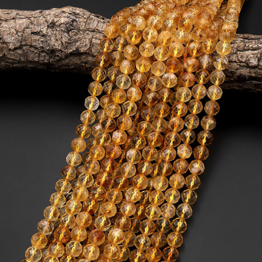AAA Natural Citrine Faceted 3mm 4mm 6mm 8mm 9mm 10mm Round Beads Laser Diamond Cut Gemstone 15.5" Strand