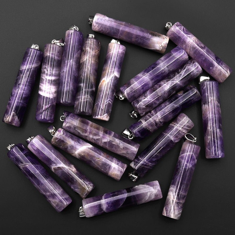 Natural Chevron Amethyst Long Cylinder Pendant Natural Crystal Focal Bead