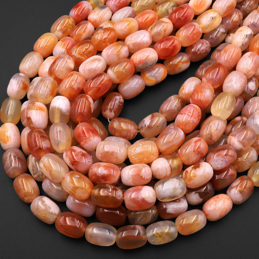 Natural Cherry Blossom Agate Barrel 10x14mm Drum Beads Aka Flower Agate 15.5" Strand