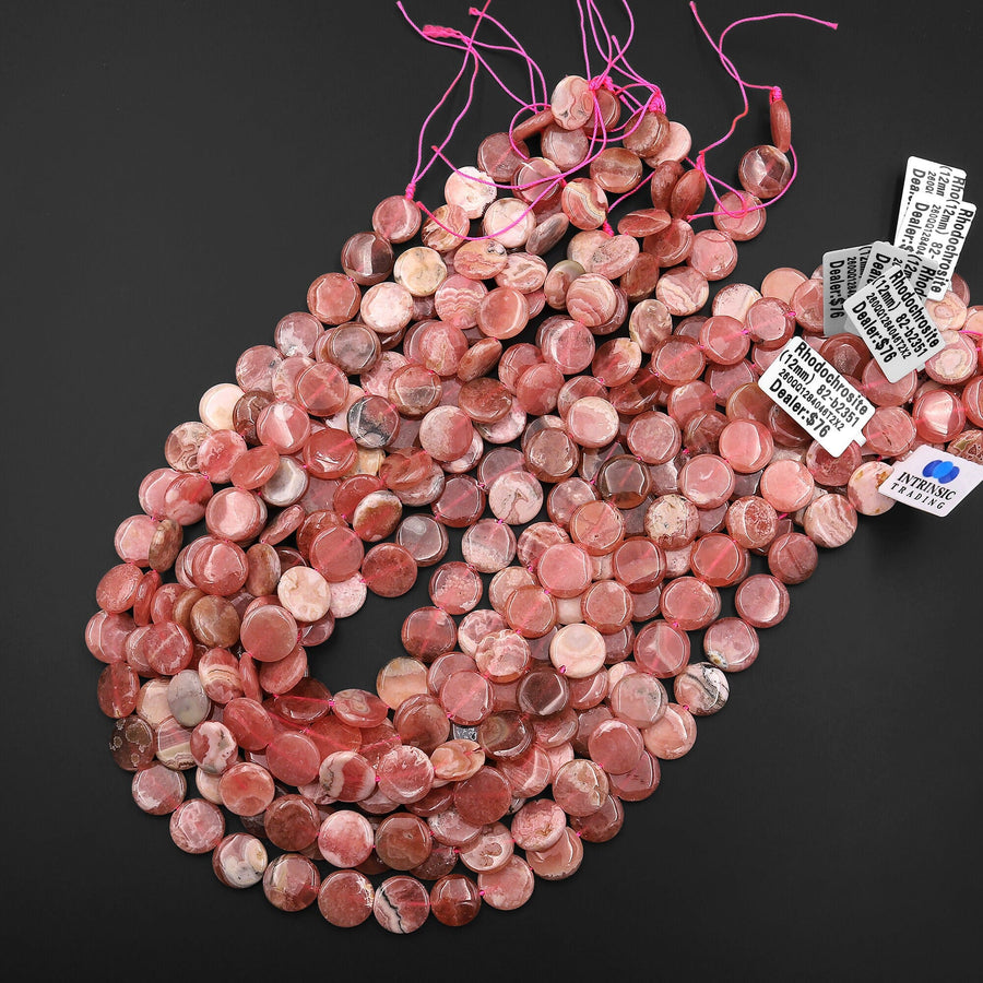 Natural Pink Rhodochrosite Beads Smooth Coin 12mm 15.5" Strand