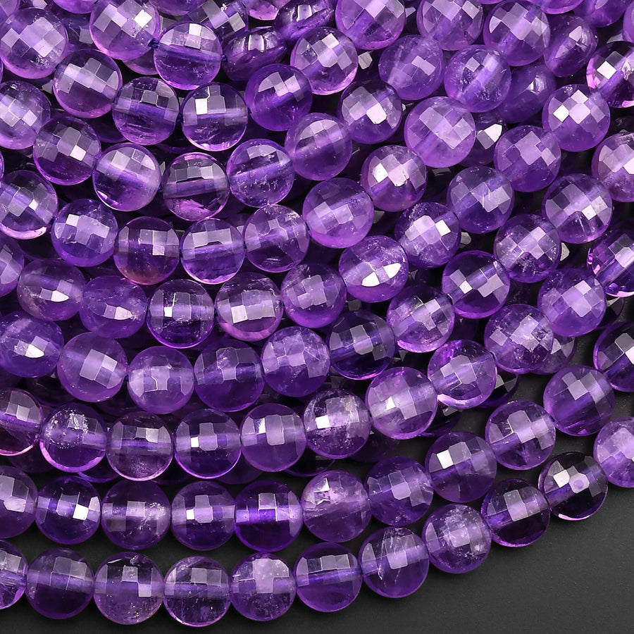 AAA Faceted 6mm 8mm 10mm Purple Amethyst Coin Beads Flat Disc Dazzling Facets Natural Gemstone 15.5" Strand