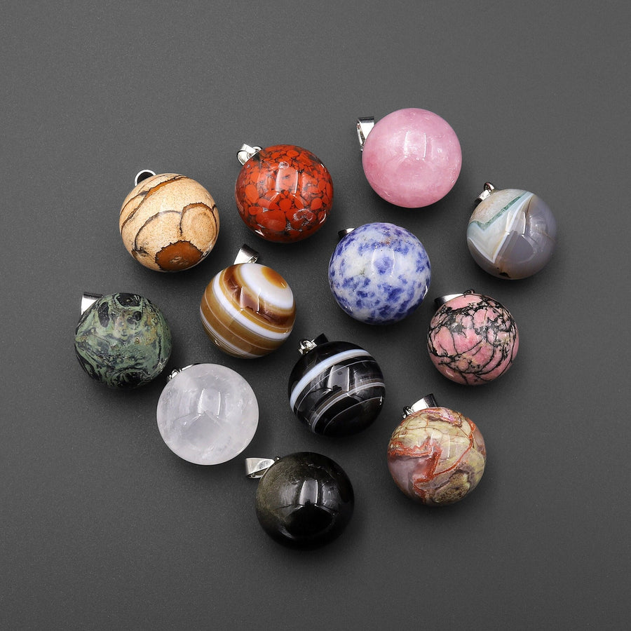 Natural Gemstone 20mm Round Ball Sphere Pendant Choose from Rose Quartz Rock Quartz Rhodonite Golden Obsidian Sodalite Tuxedo Agate Rhyolite