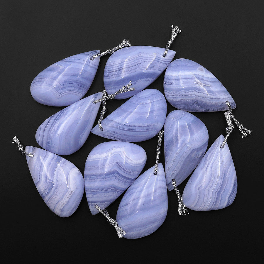 Natural Blue Lace Agate Freeform Teardrop Leaf Pendant Gemstone Focal Bead